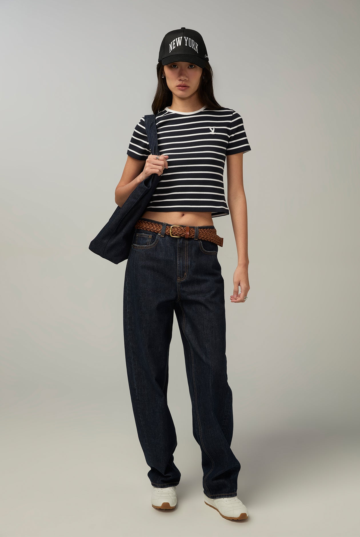 STRIPED RIB MINI CROP TEE Navy / XL