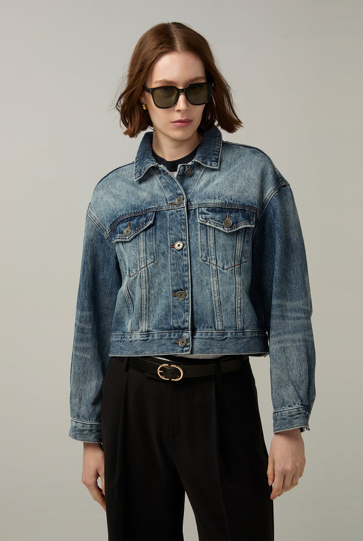 CROPPED TRUCKER DENIM JACKET Blue / XL