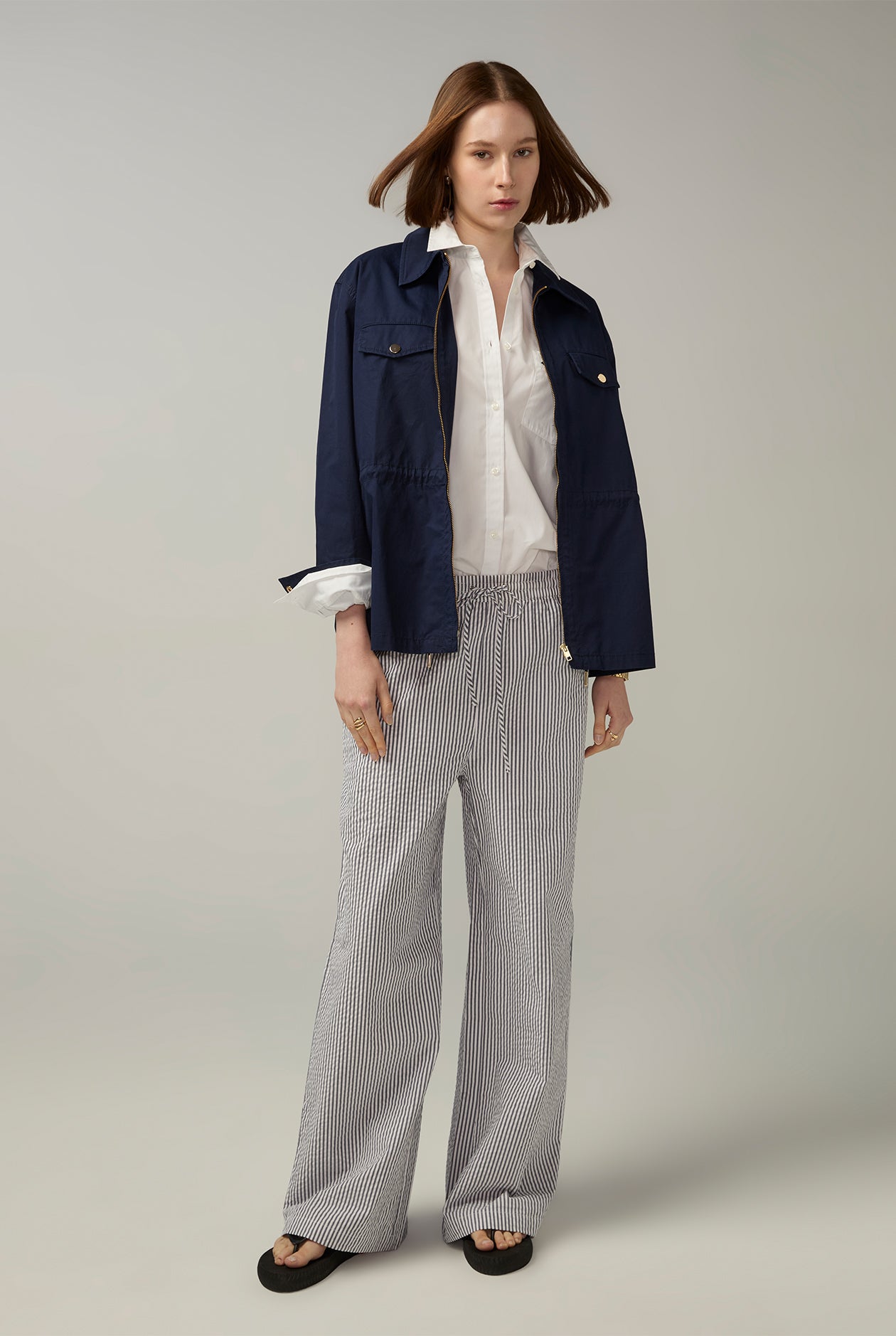 STRIPED DRAWSTRING WAIST PANTS Navy / XL