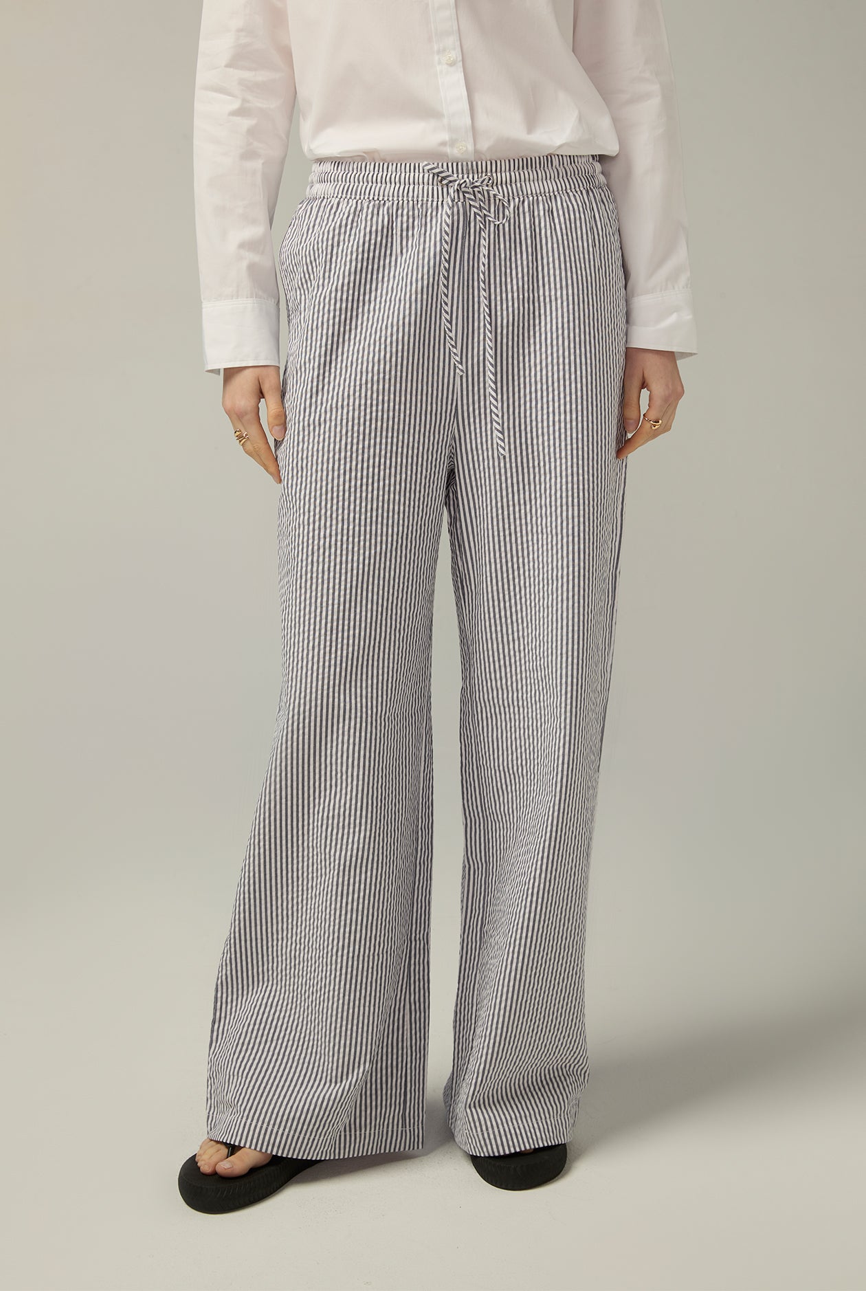 STRIPED DRAWSTRING WAIST PANTS Navy / XL