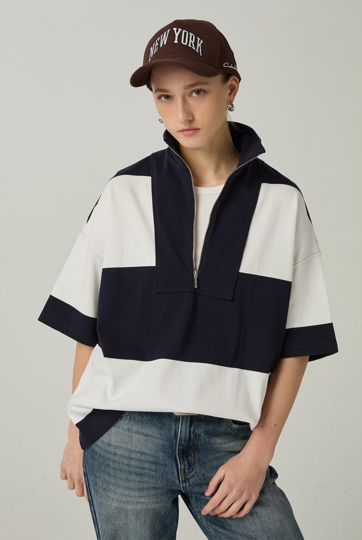 STRIPED QUARTER-ZIP OVERSIZED TOP