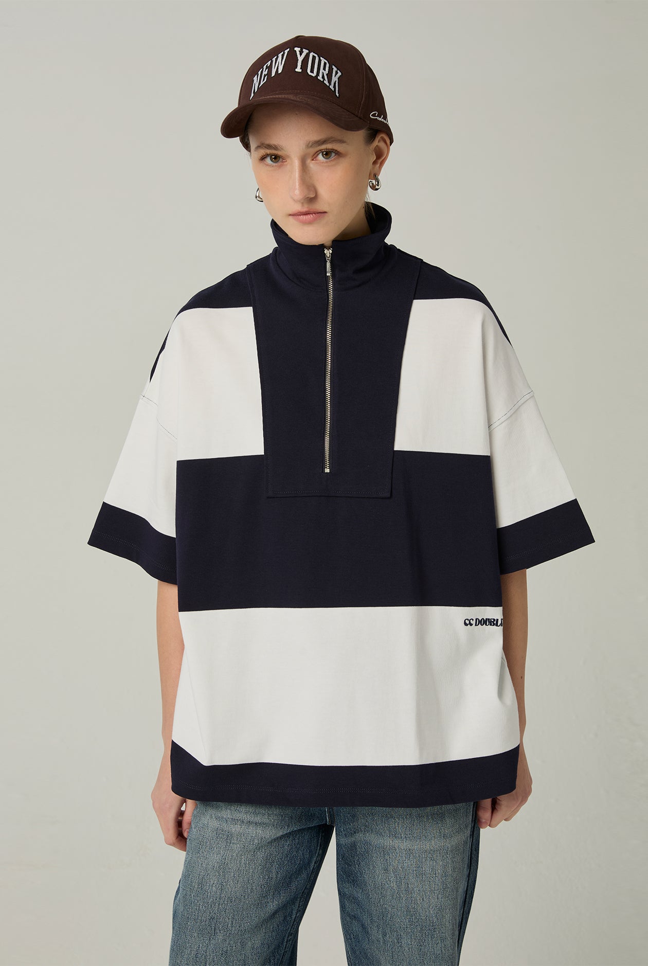 STRIPED QUARTER-ZIP OVERSIZED TOP