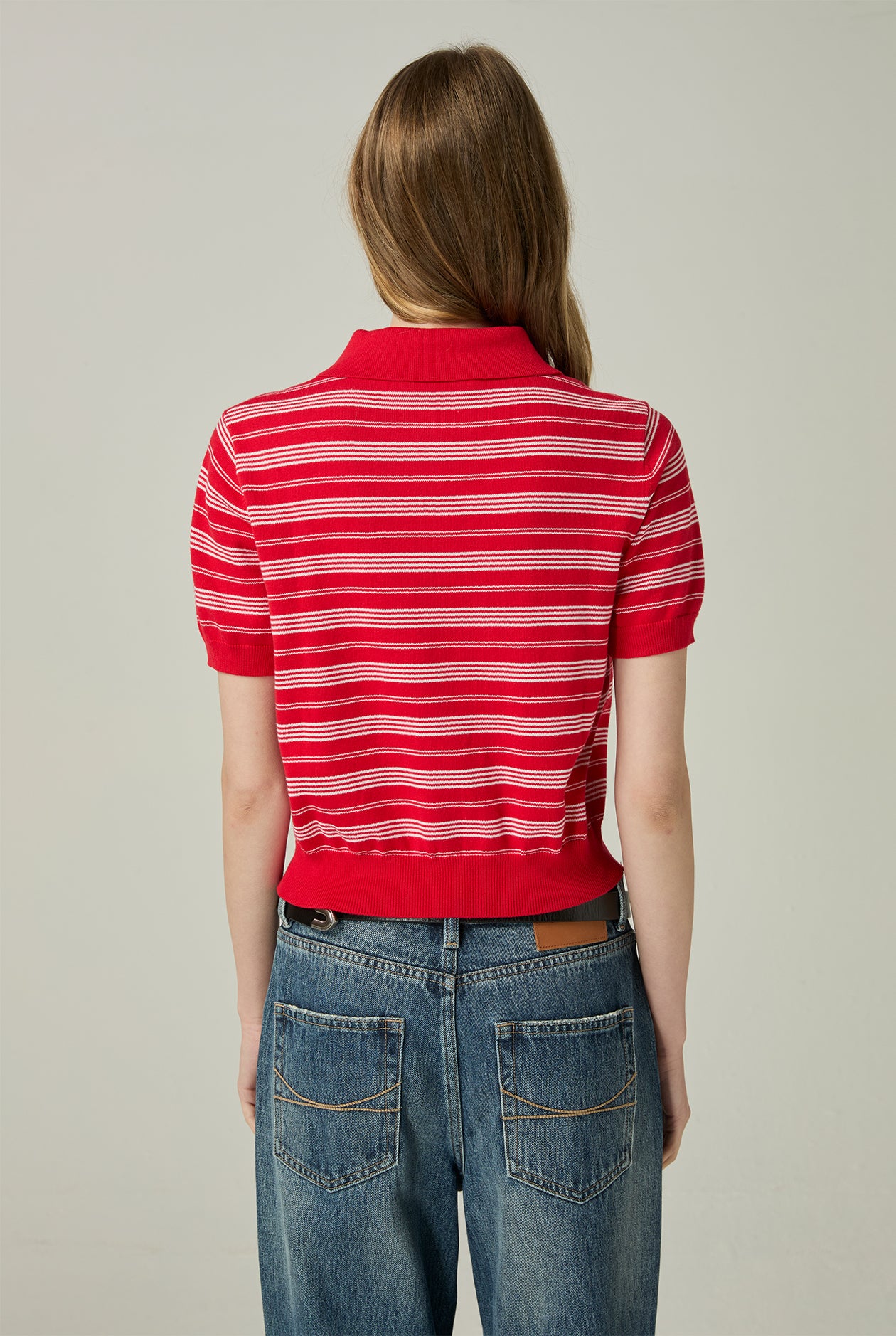 STRIPED CROPPED KNIT POLO