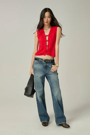 CHEONGSAM BUCKLE KNITTED RED WAISTCOAT