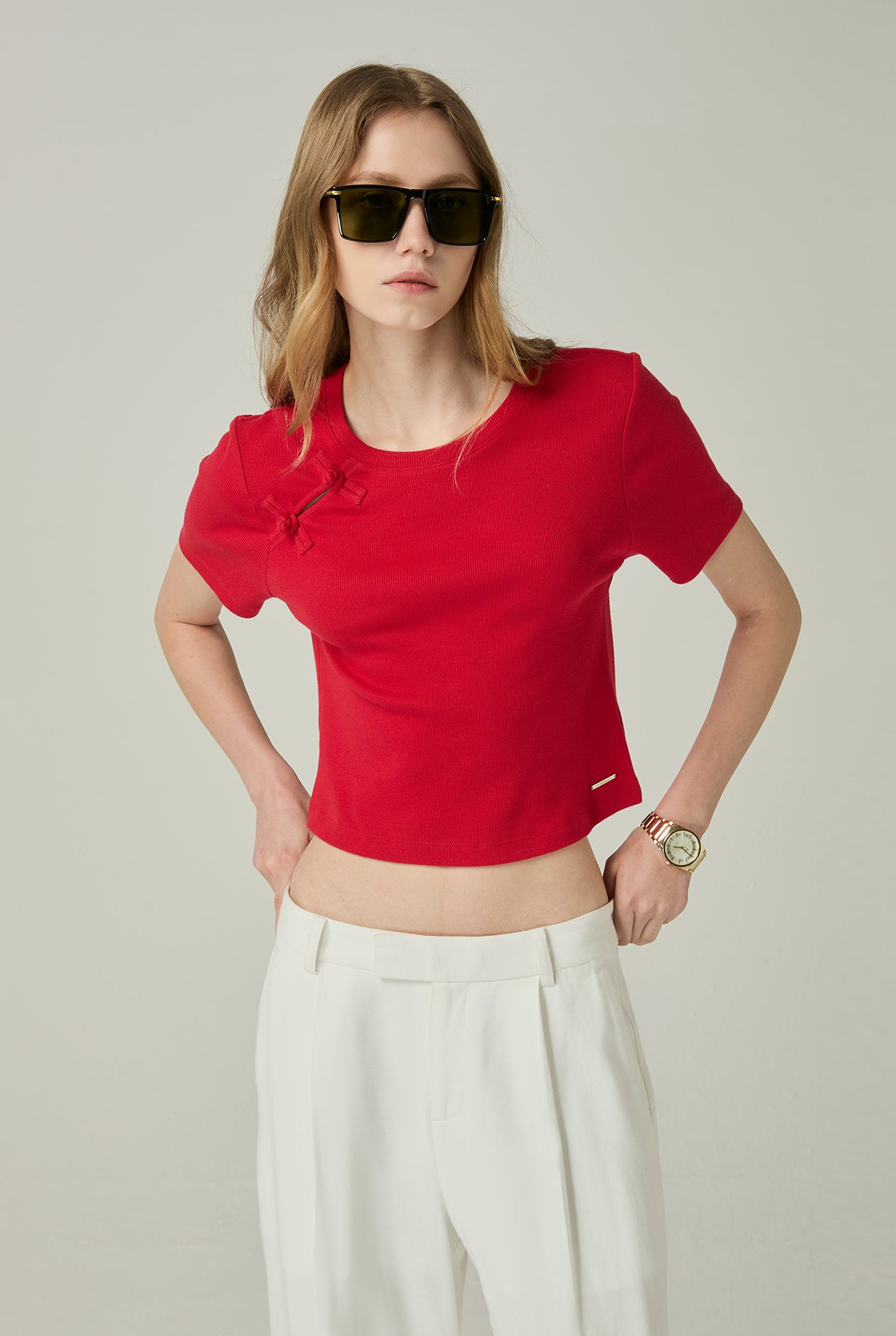 CHEONGSAM BUCKLE RIBBED TEE - CC Double O Official Store