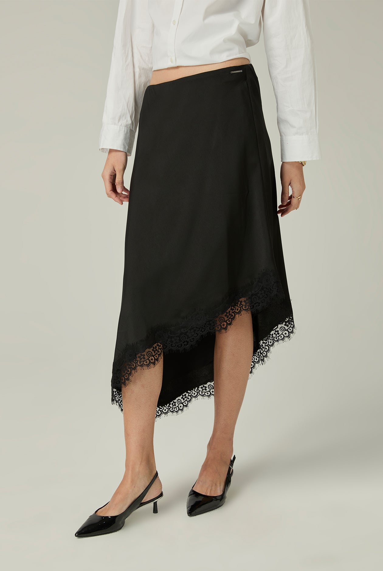 SATIN EFFECT LACE MIDI SKIRT - CC Double O Official Store