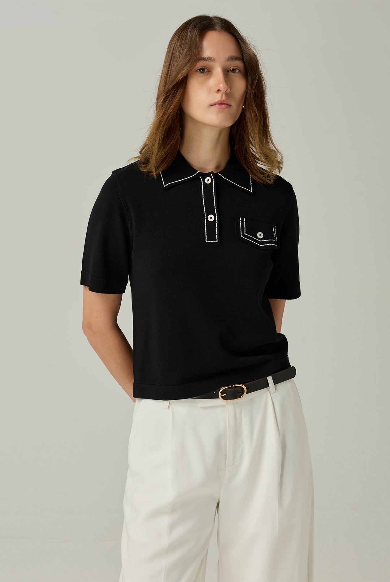 CROPPED STITCHING  POLO SHIRT WITH FRONT POCKET