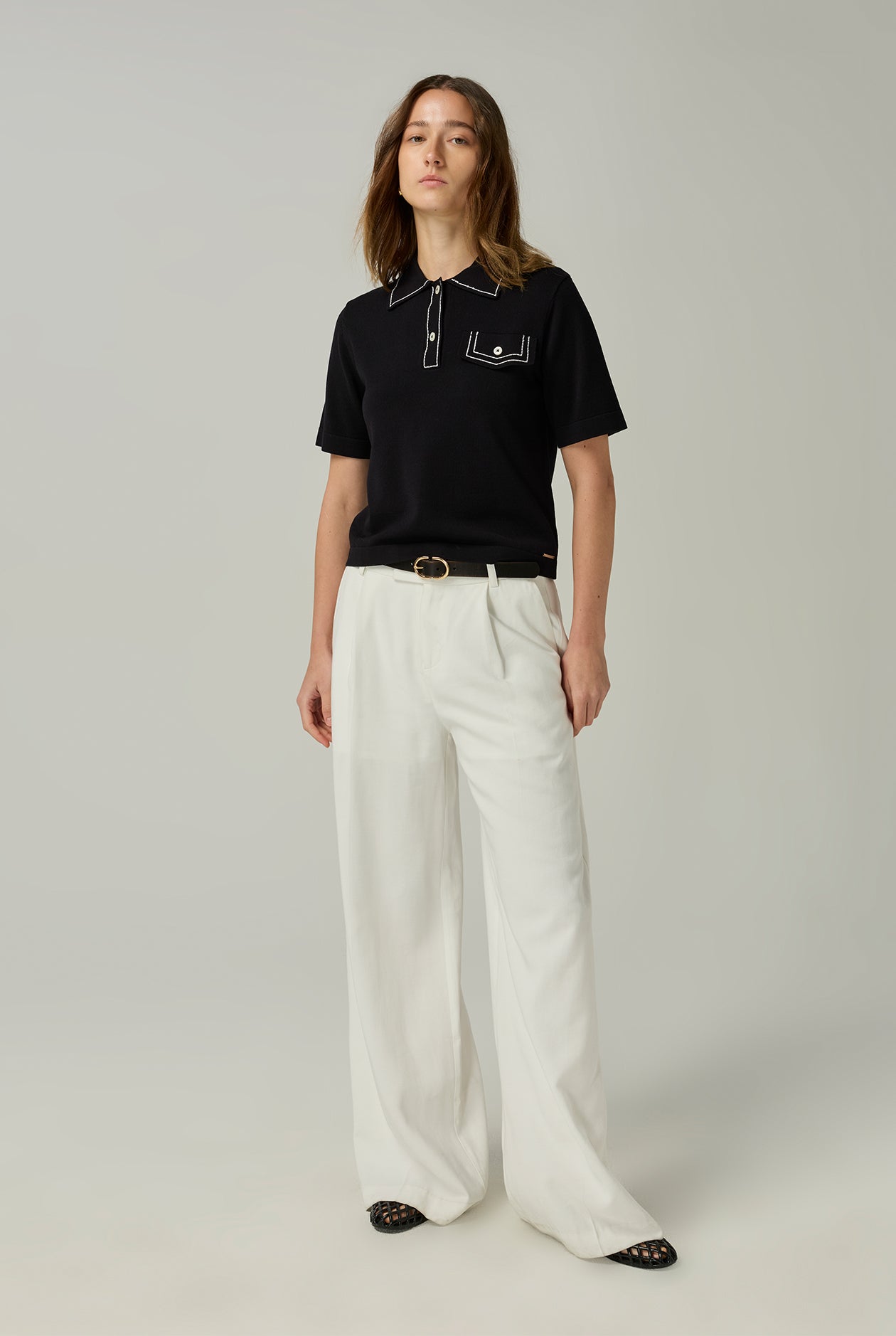 CROPPED STITCHING  POLO SHIRT WITH FRONT POCKET