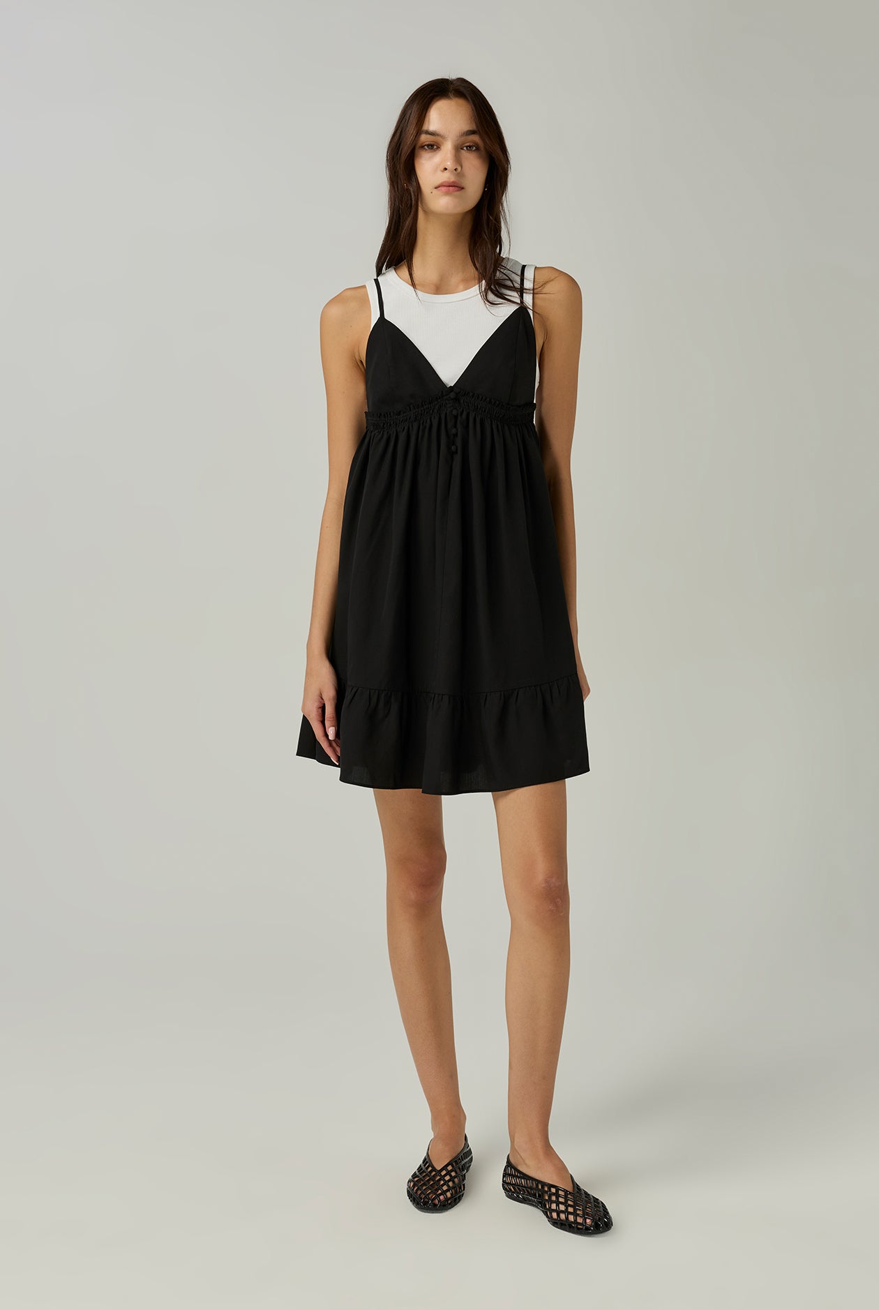 THIN-STRAP GATHERED MINI DRESS
