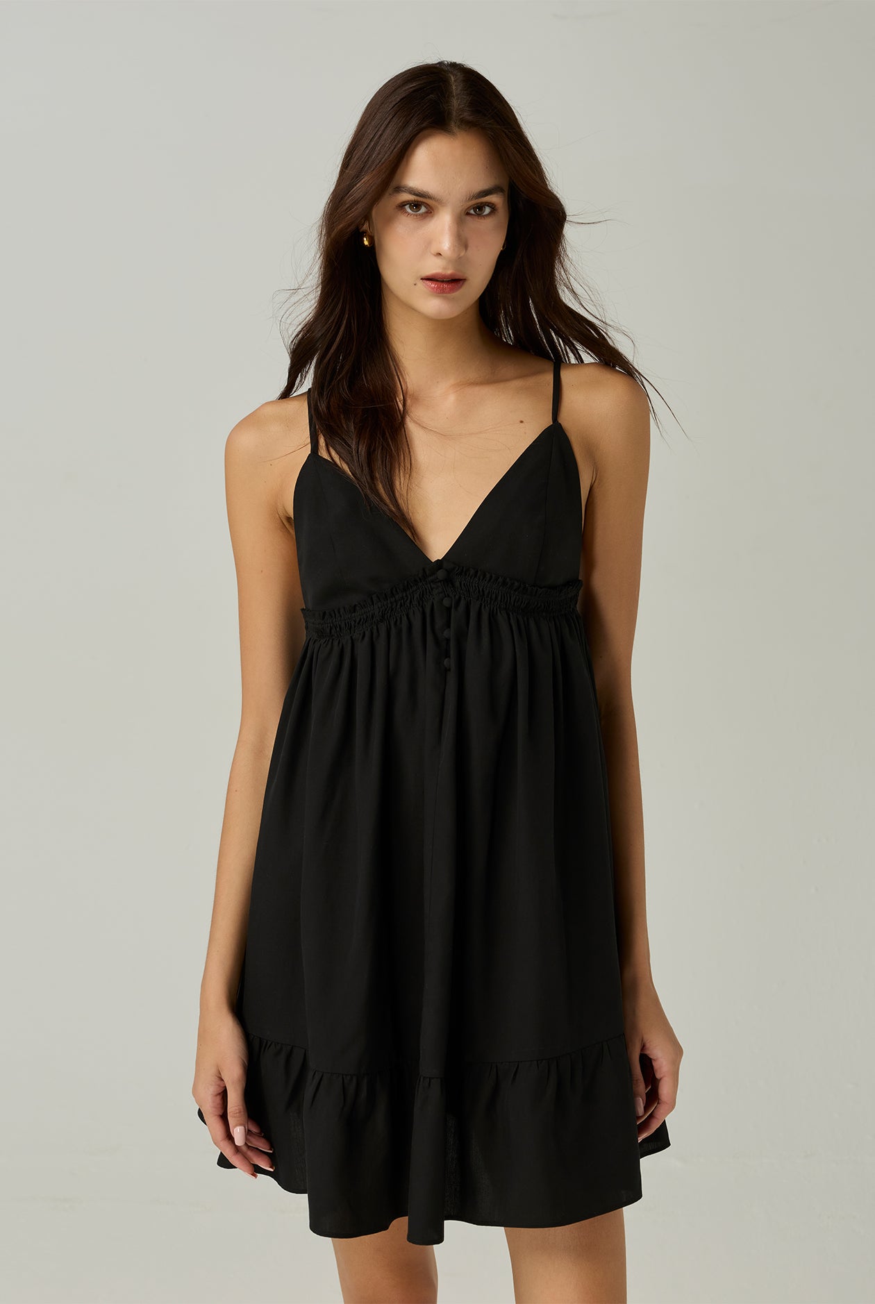 THIN-STRAP GATHERED MINI DRESS
