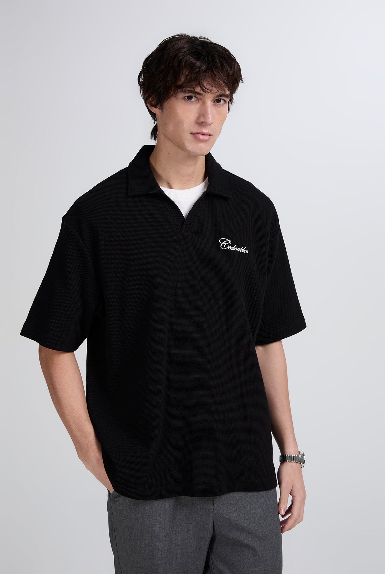 OPEN COLLAR WAFFLE POLO