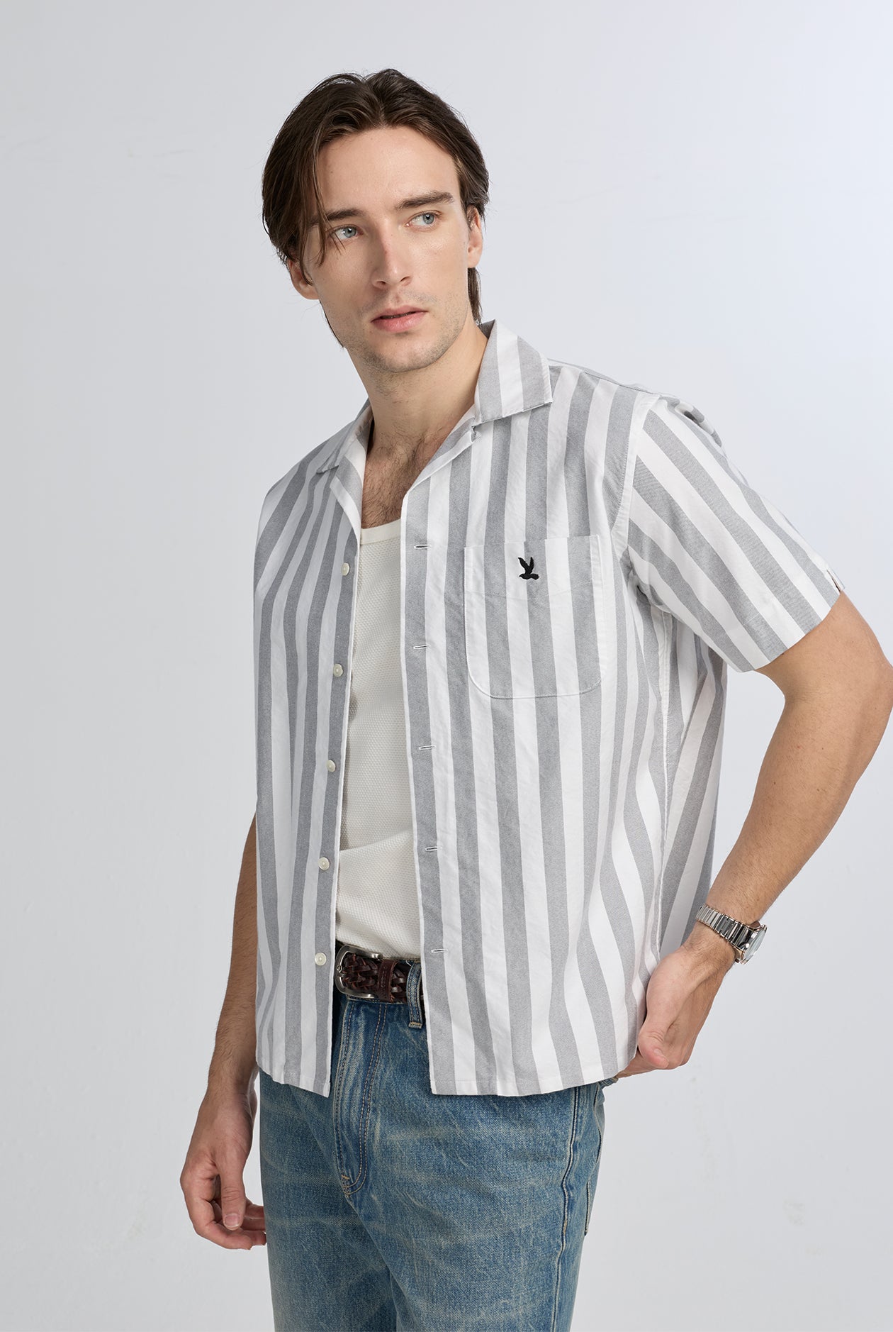 STRIPED OXFORD CAMP COLLAR SHIRT