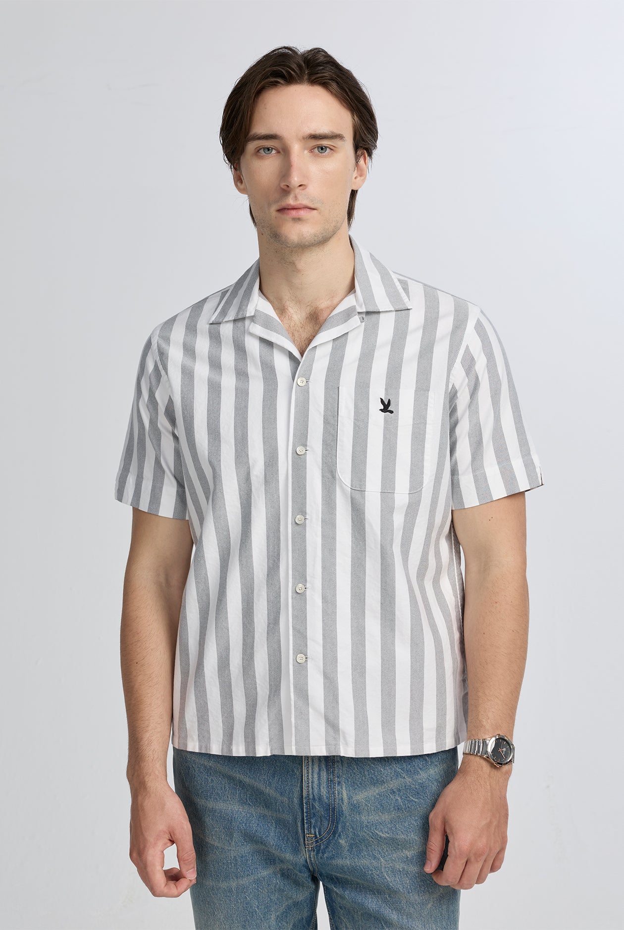 STRIPED OXFORD CAMP COLLAR SHIRT
