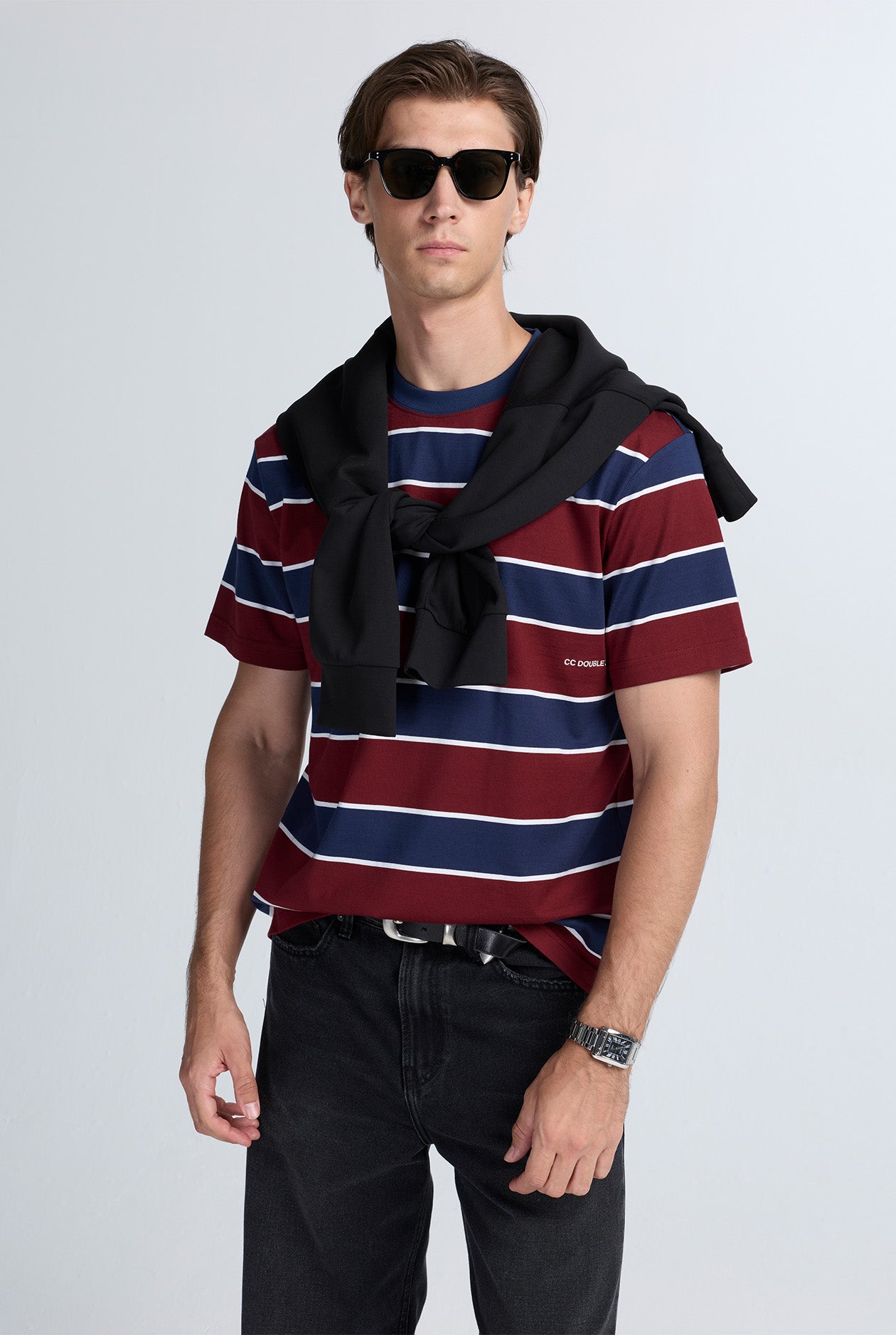 RED RELAXED-FIT STRIPE TEE
