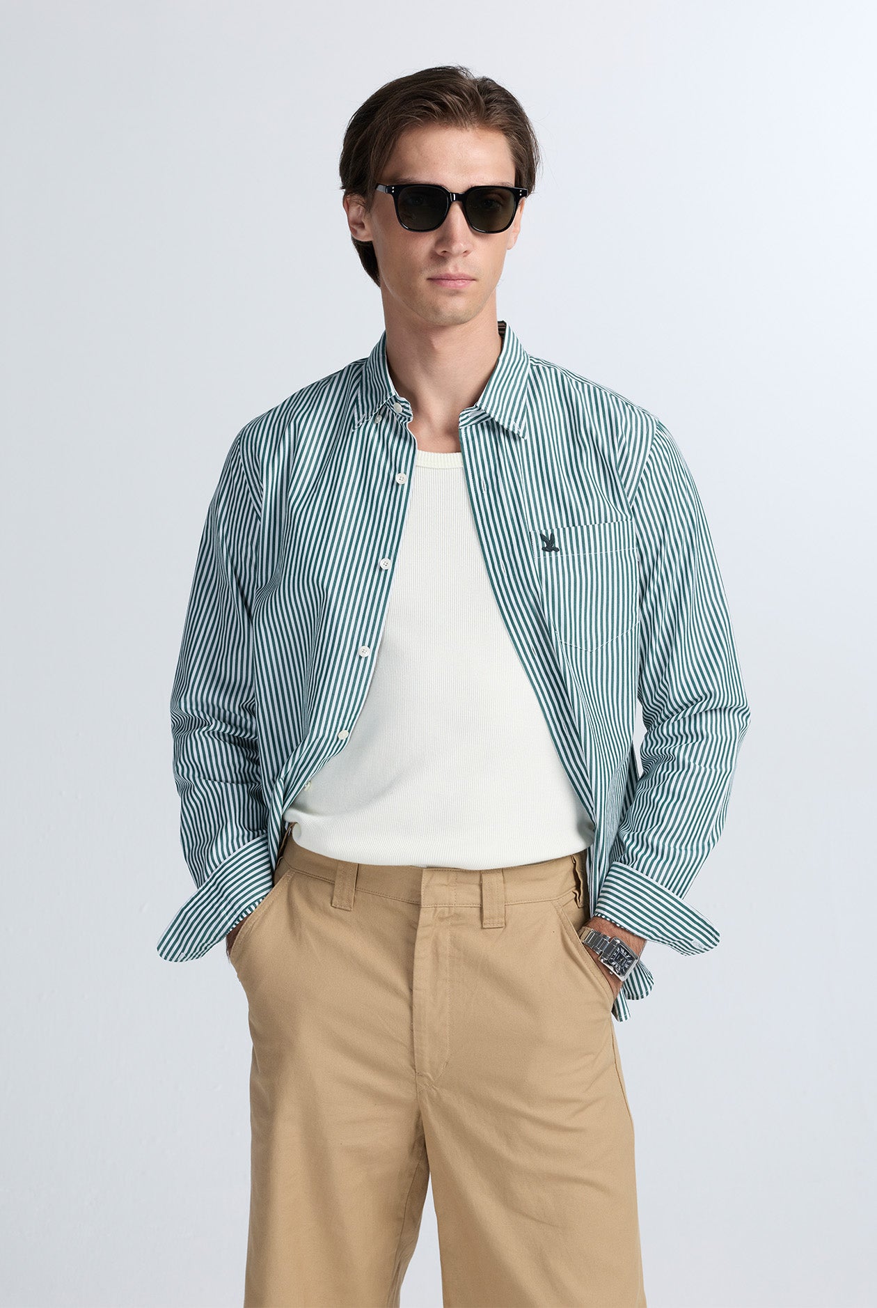 GREEN STRIPED POPLIN SHIRT