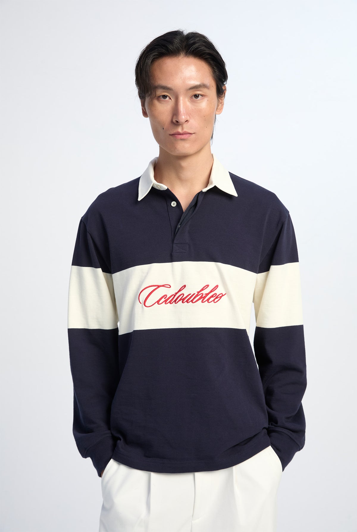 เสื้อโปโลรักบี้ลายทางแต่งโลโก้