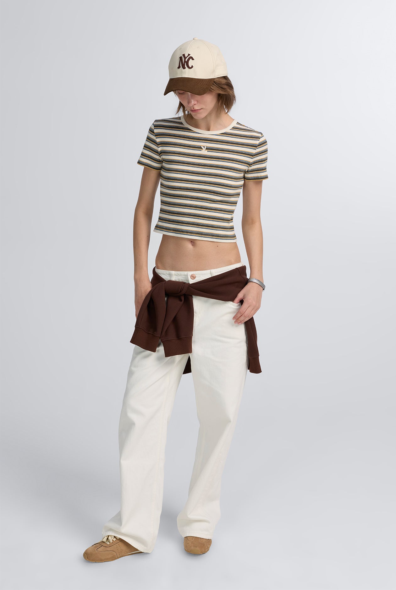 CREAM STRIPED RIB CROPPED TEE