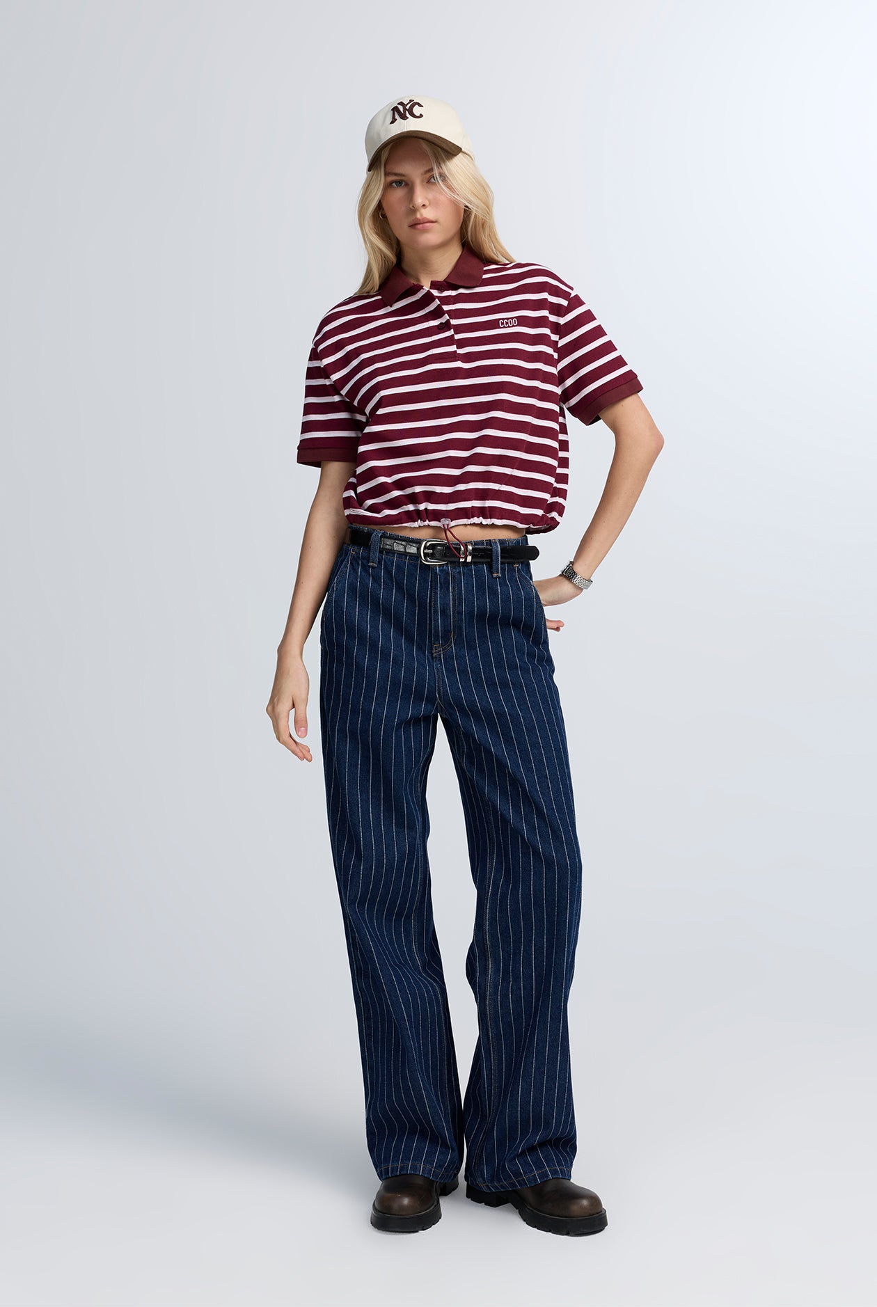 MAROON STRIPE POLO WITH DRAWSTRING