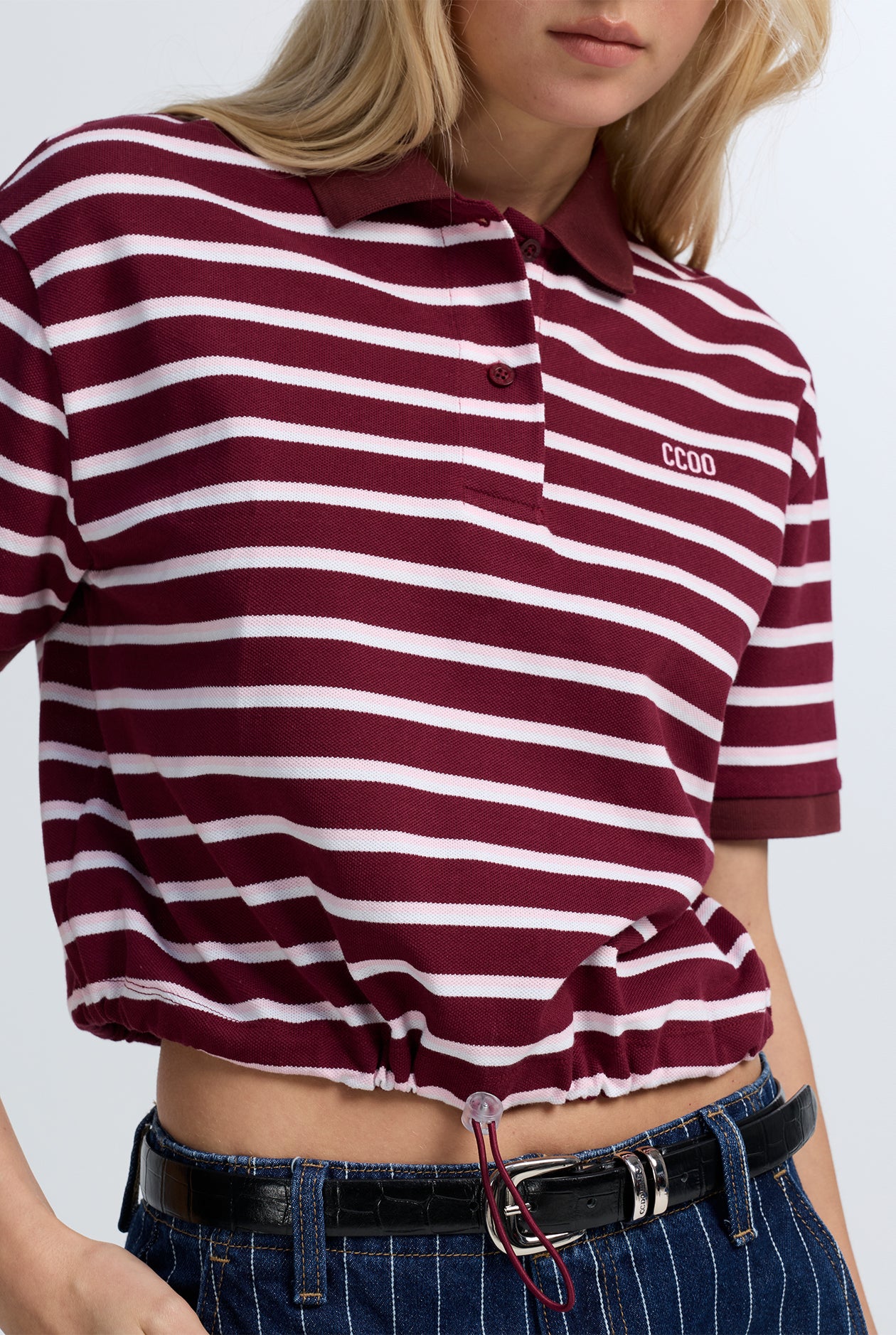MAROON STRIPE POLO WITH DRAWSTRING