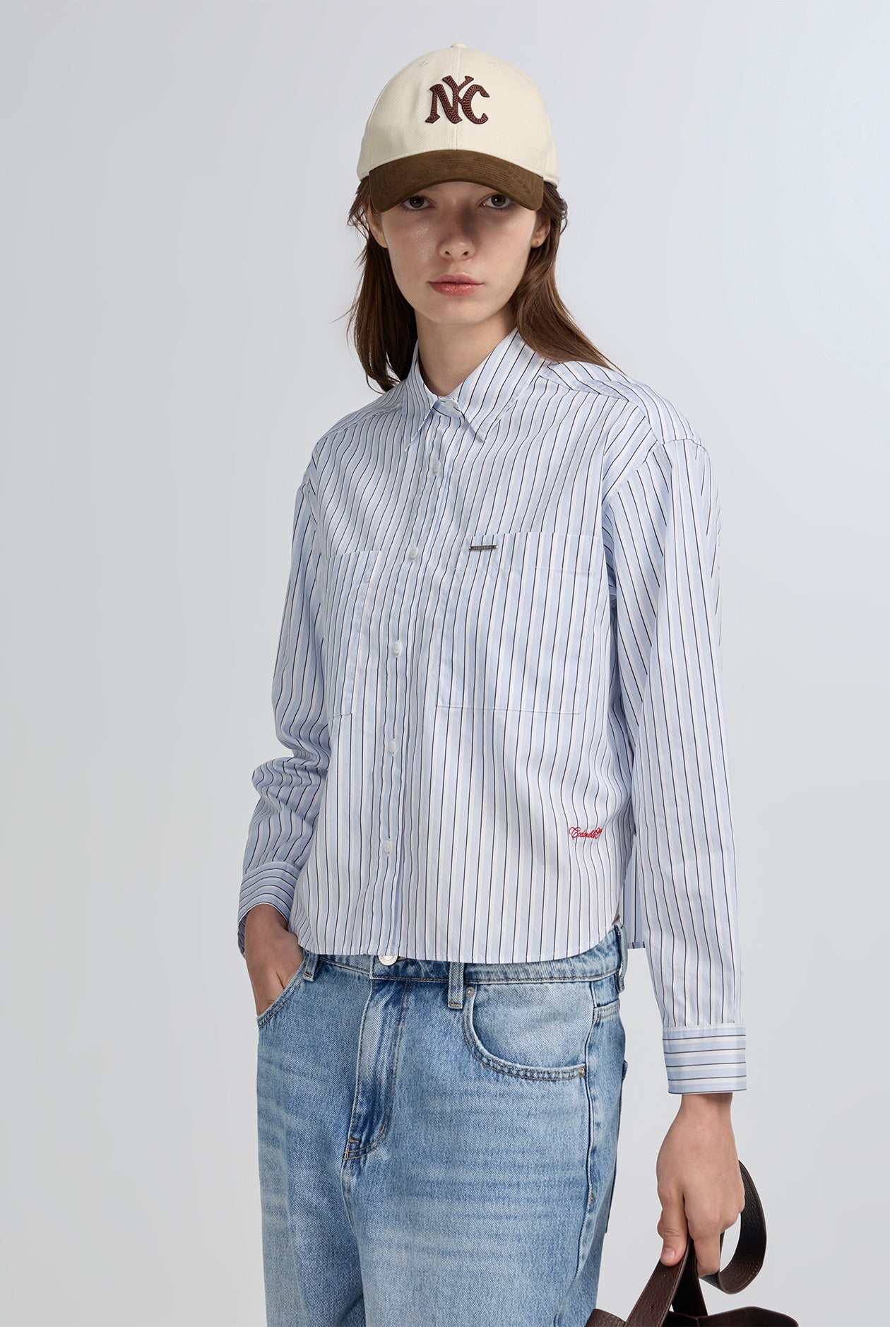 FRONT POCKET STRIPED CROPPED SHIRT