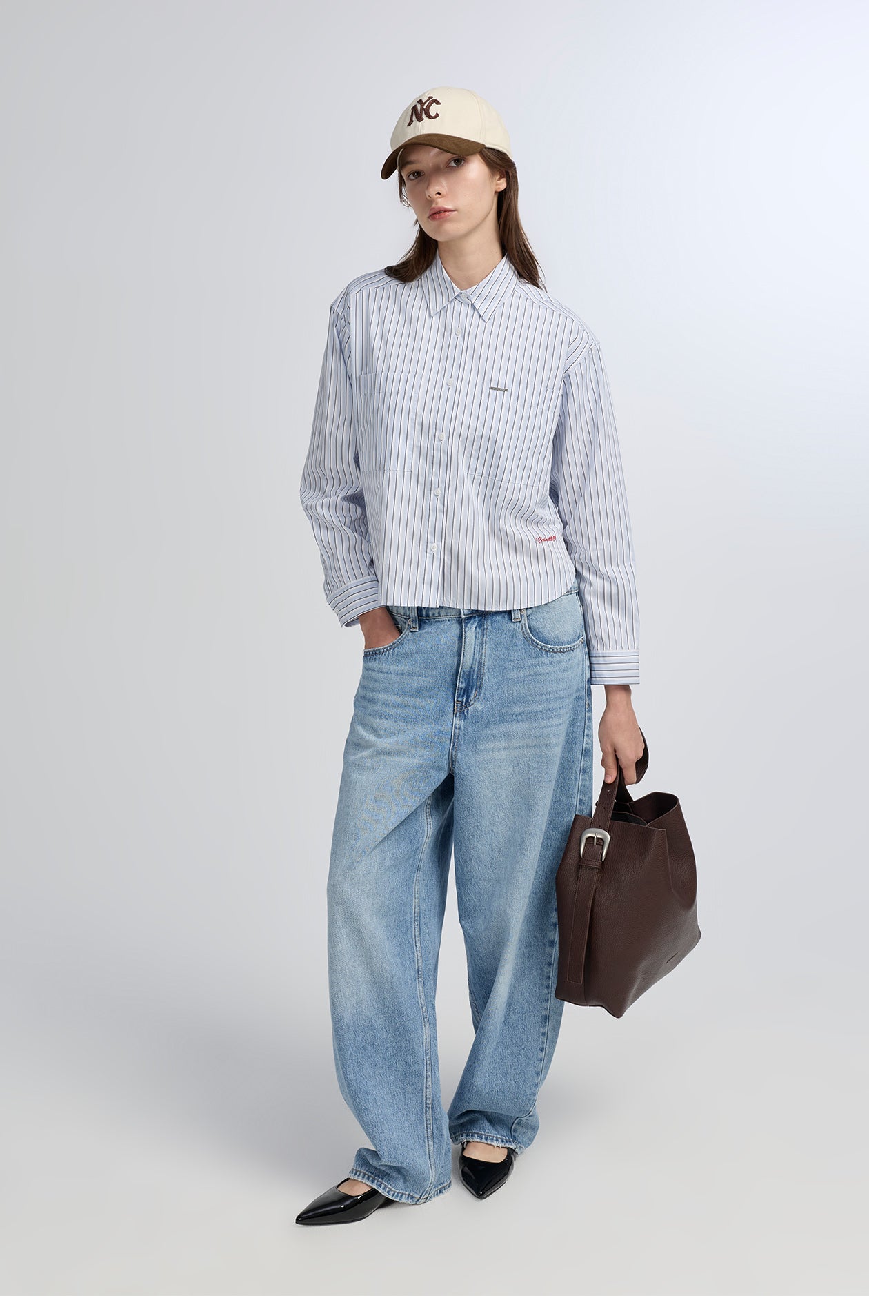 FRONT POCKET STRIPED CROPPED SHIRT