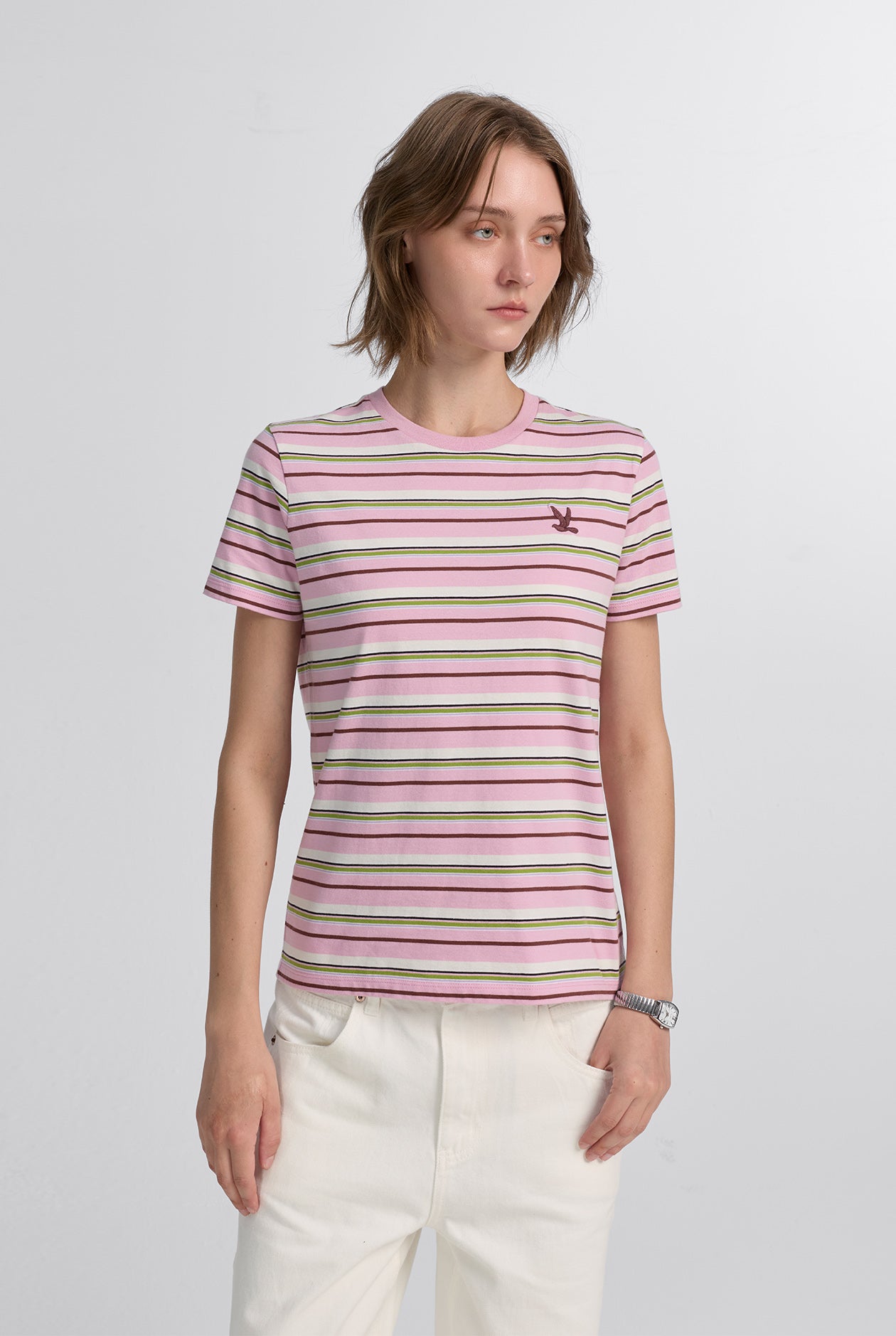 PINK STRIPED SIGNATURE BIRD LOGO TEE