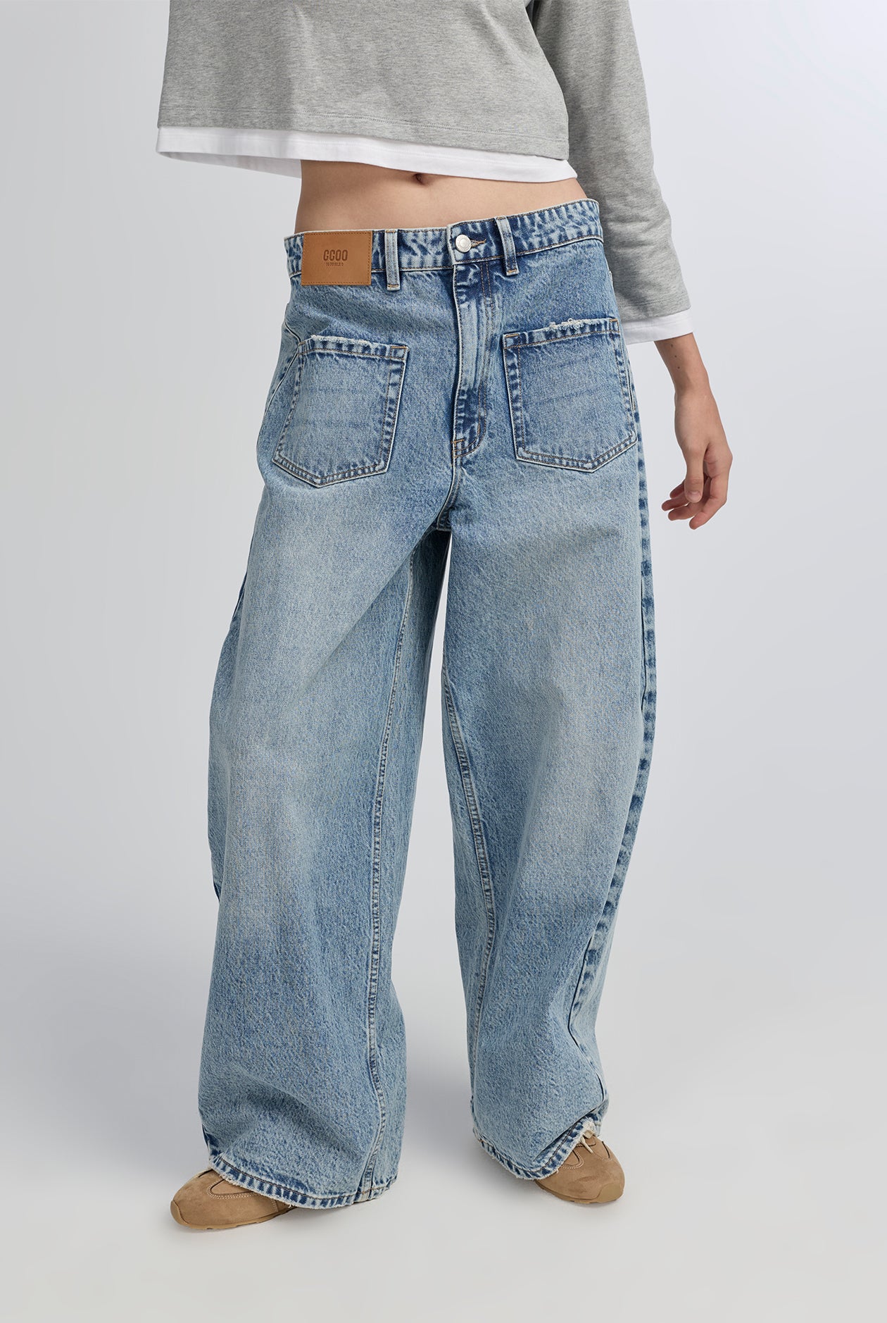 LOW-RISE MID FRONT POCKET BLUE BAGGY JEANS