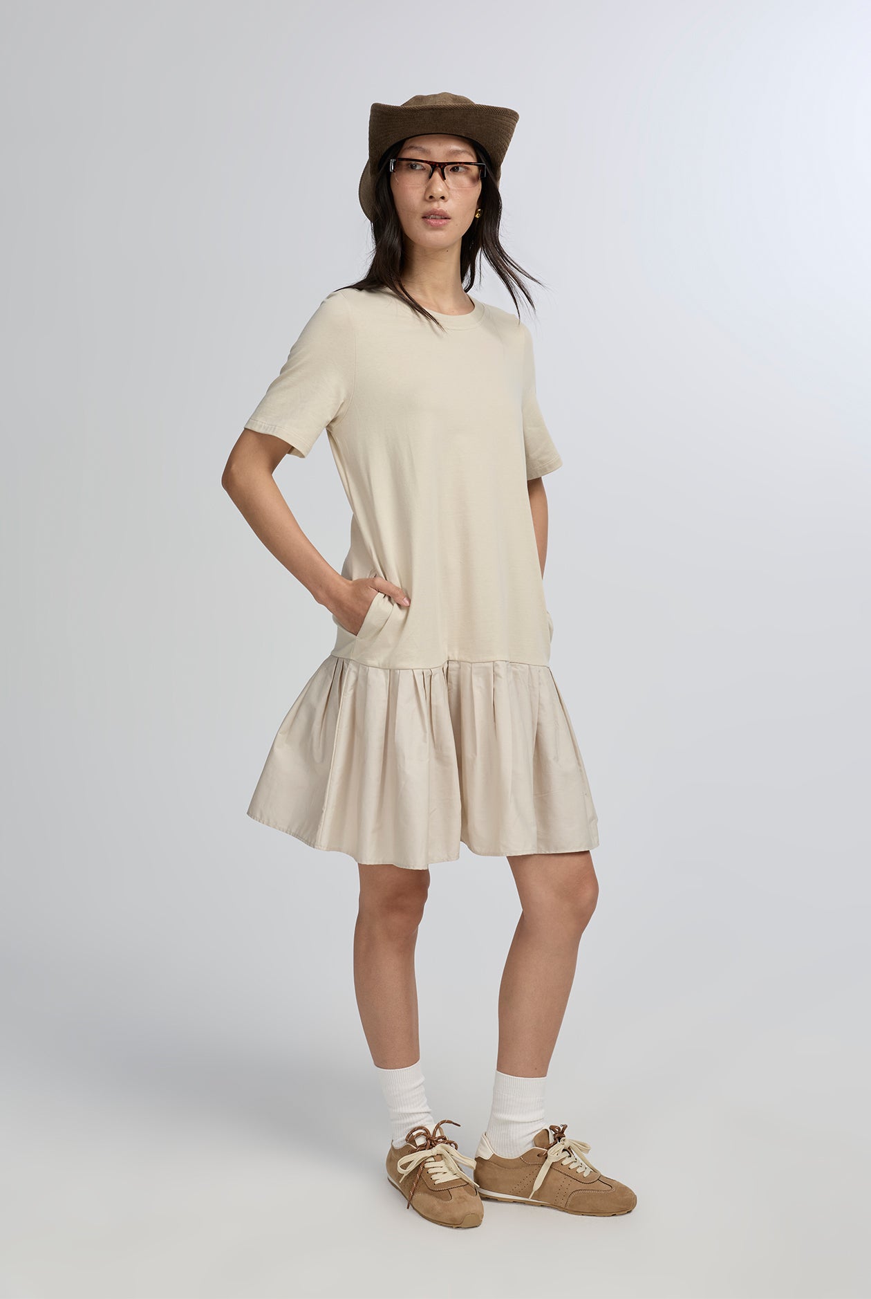 GATHERED PANEL COTTON DRESS