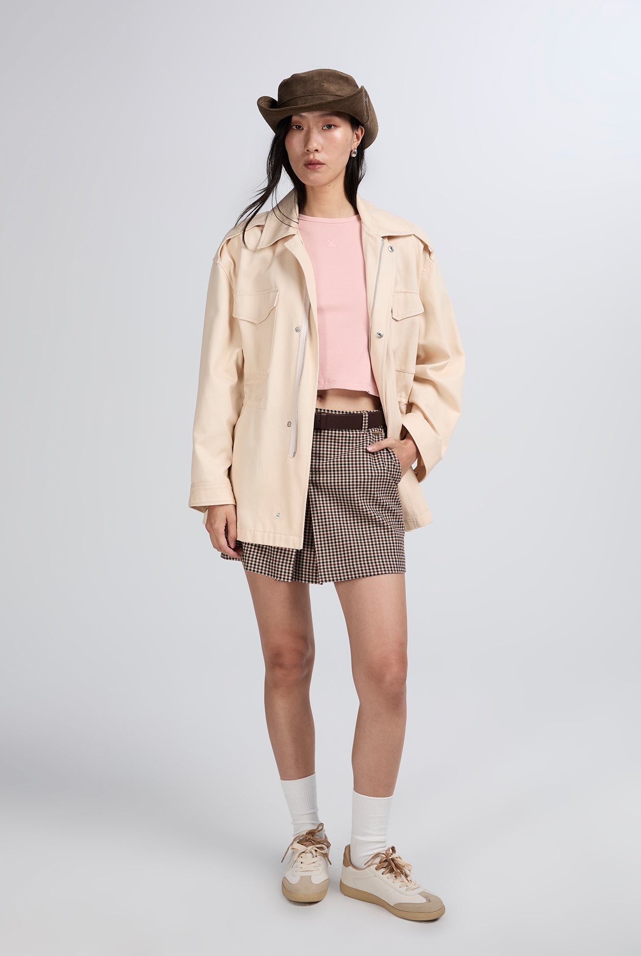 CHECKED BELTED MINI SKIRT