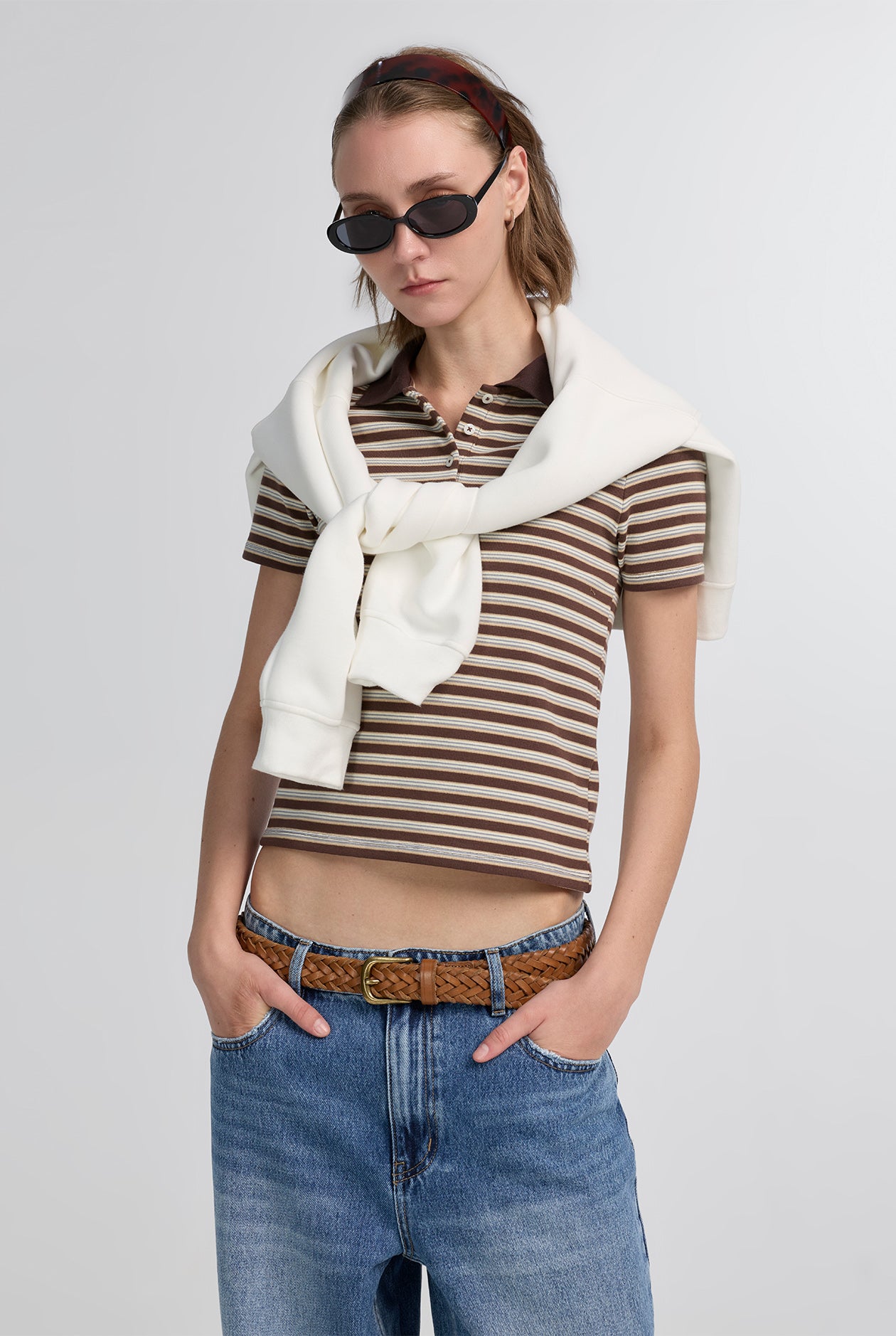 BROWN STRIPED RIBBED POLO SHIRT