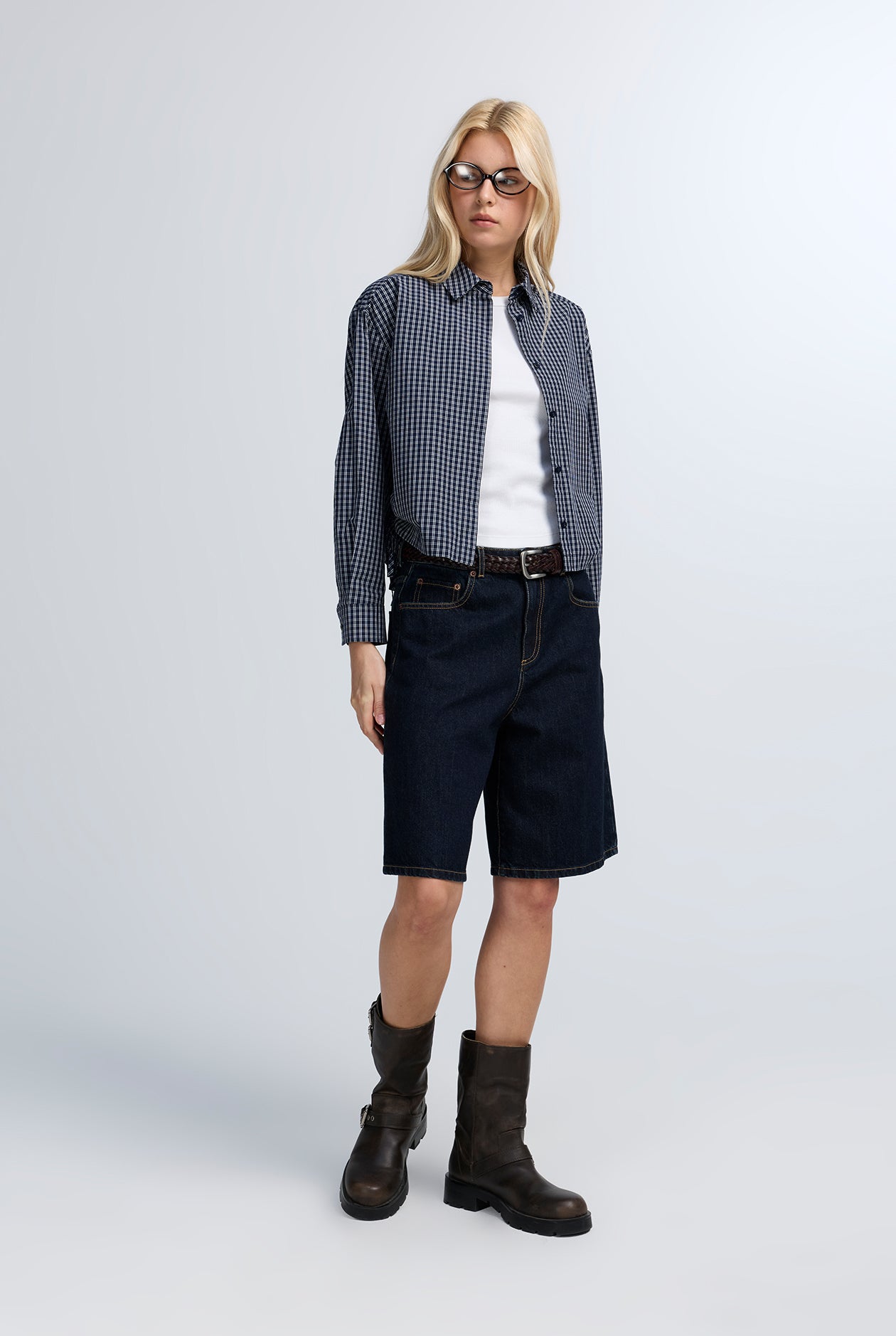 DRAWSTRING CHECK BLUE SHIRT