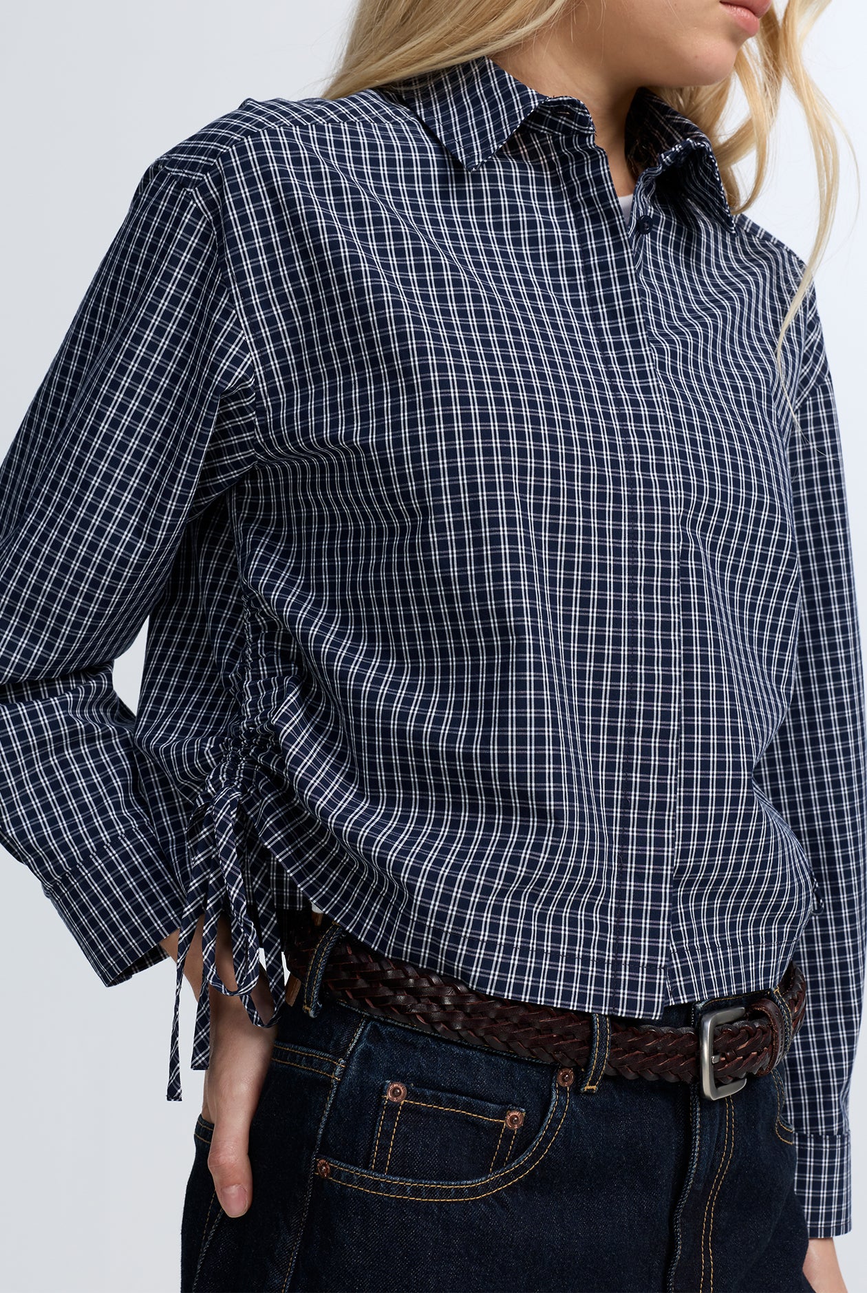 DRAWSTRING CHECK BLUE SHIRT