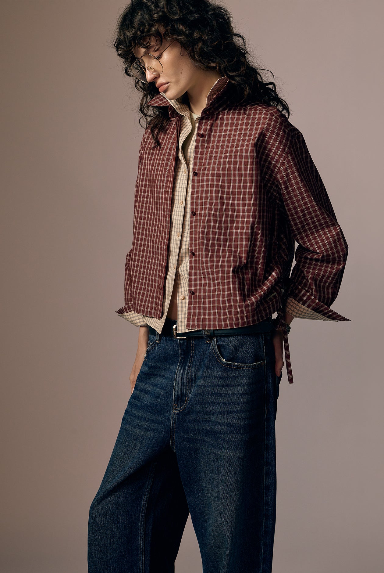 DRAWSTRING CHECK BROWN SHIRT