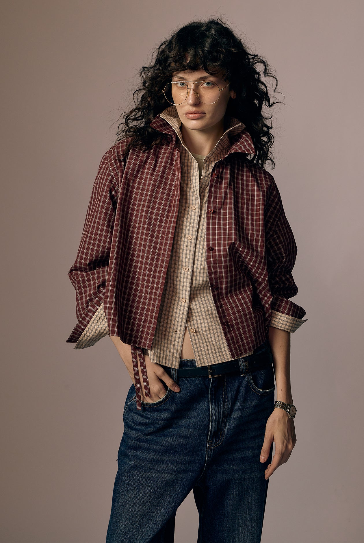 DRAWSTRING CHECK BROWN SHIRT
