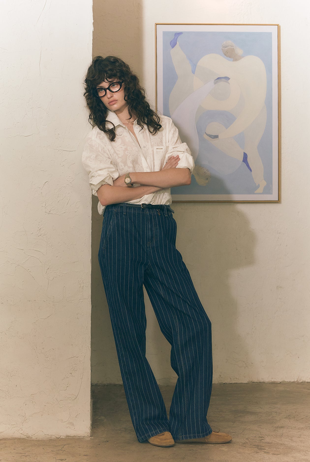 STRIPED DENIM STRAIGHT-LEG PANTS