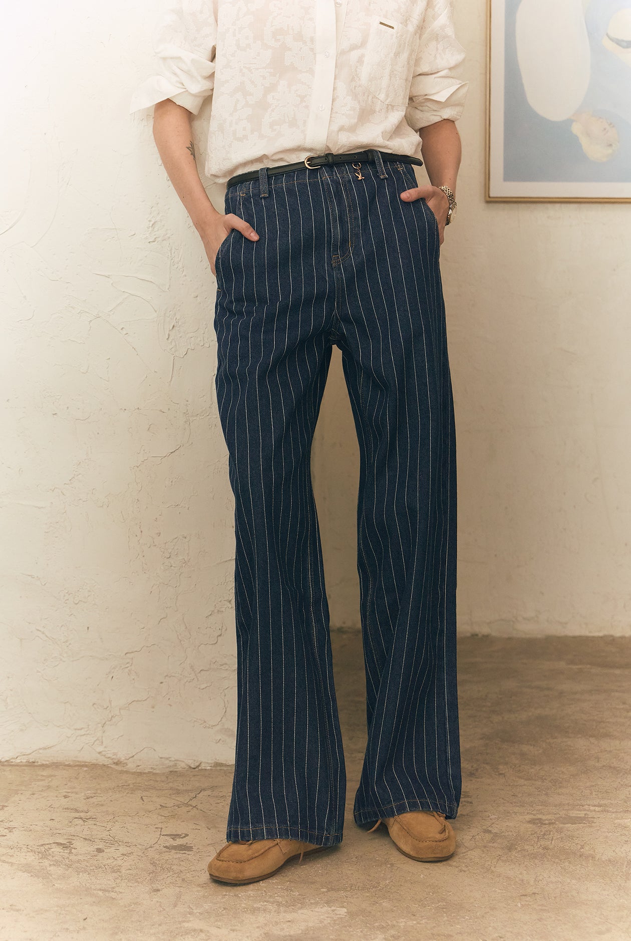 STRIPED DENIM STRAIGHT-LEG PANTS