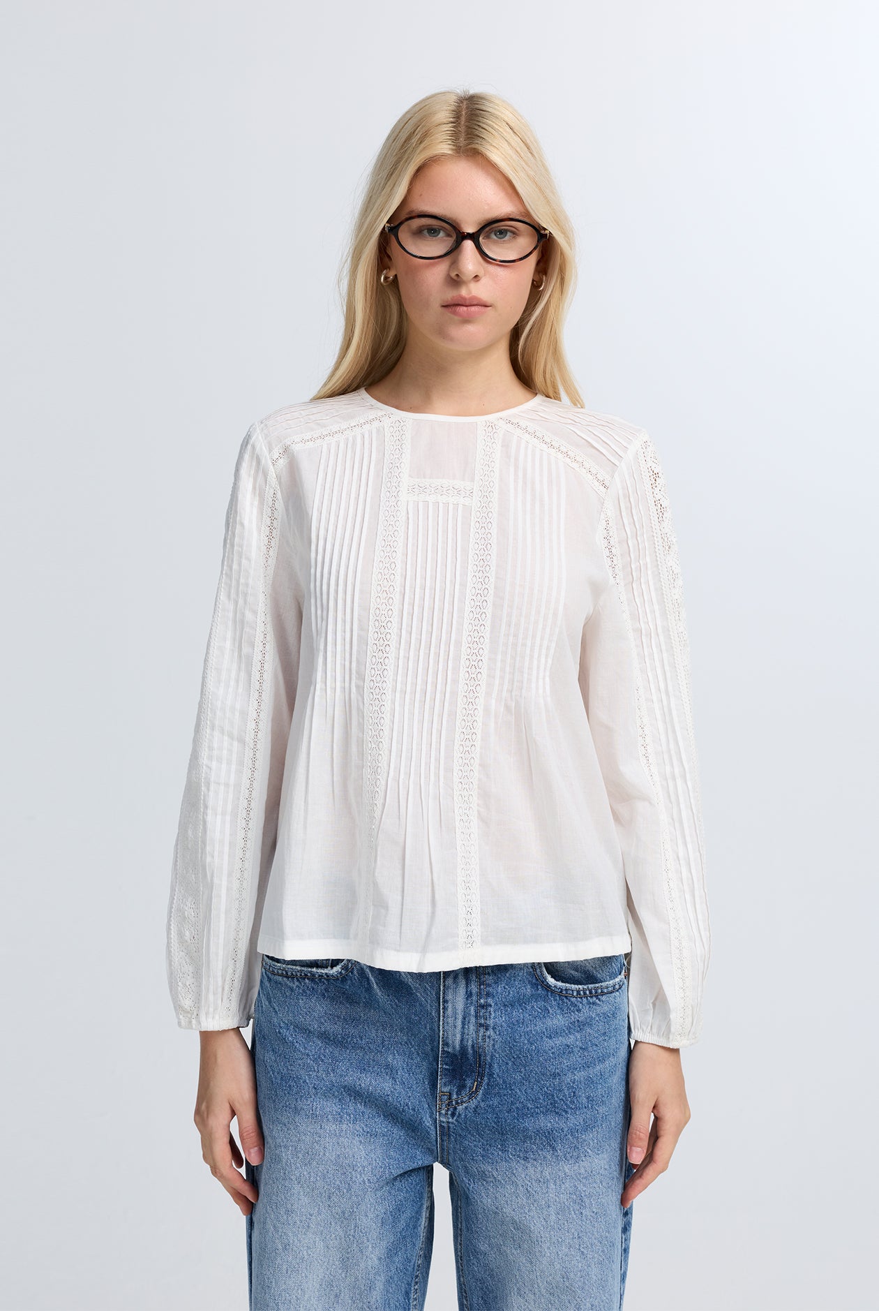 LACE PANELED COTTON LAWN BLOUSE