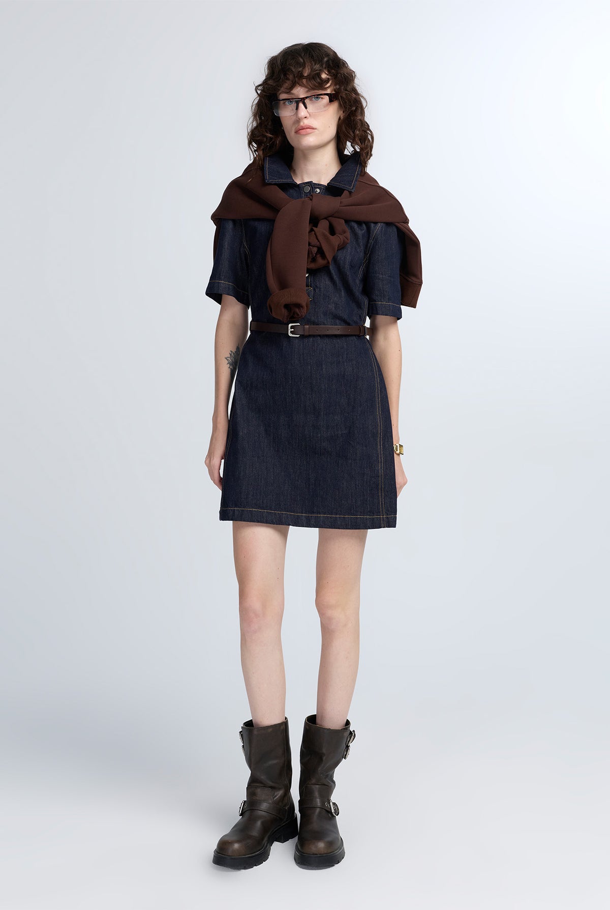 BELTED DENIM MINI DRESS