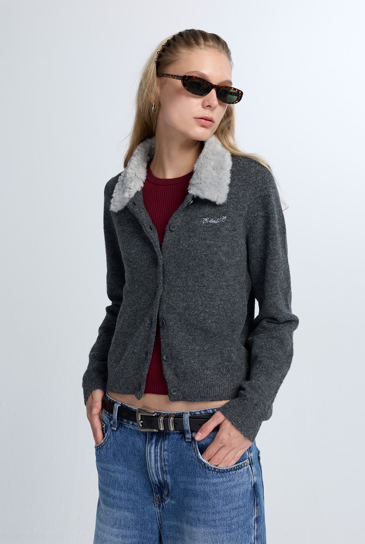 CROPPED CARDIGAN WITH FAUX FUR COLLAR
