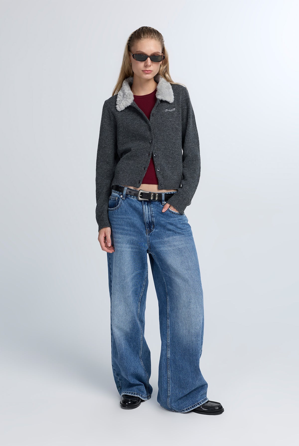 CROPPED CARDIGAN WITH FAUX FUR COLLAR