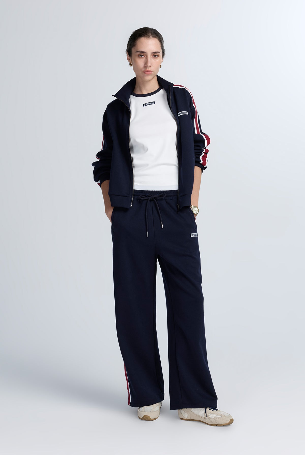 LAYERED-WAIST TRACK PANTS WITH CONTRAST TAPE