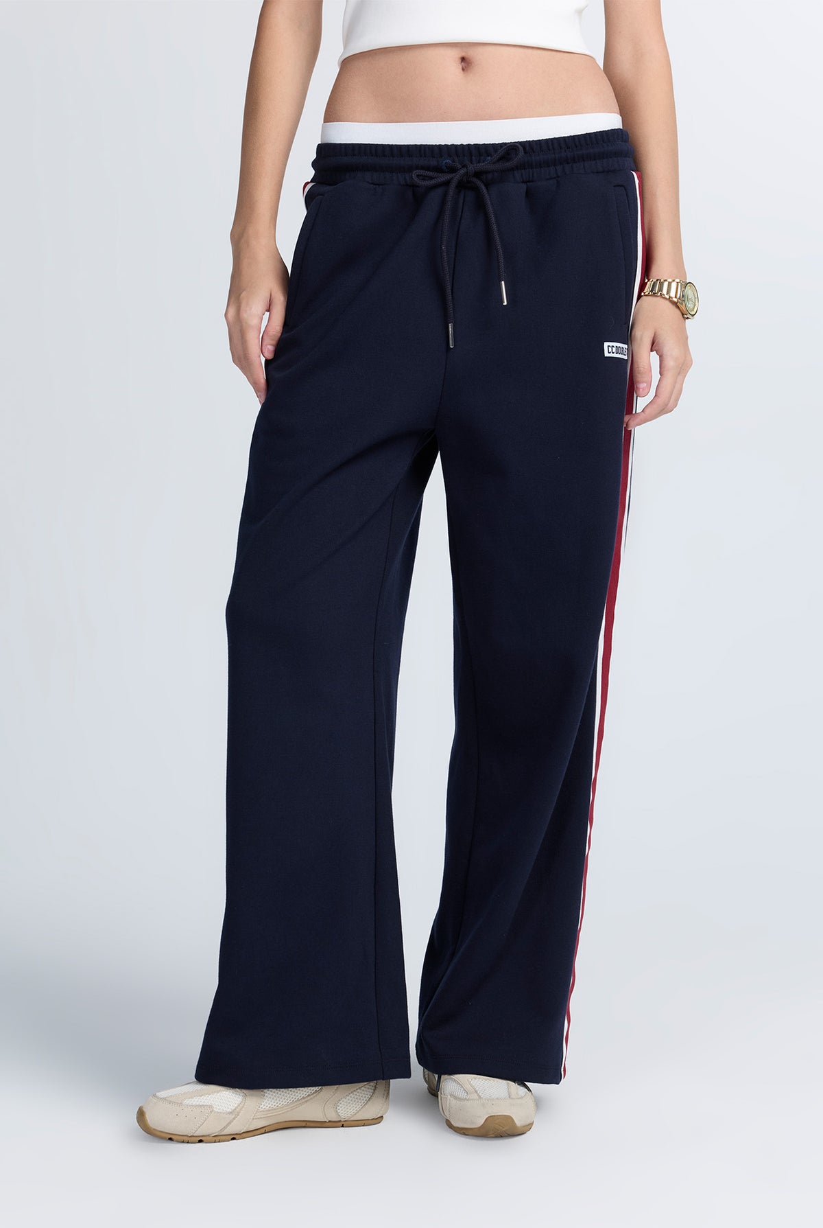 LAYERED-WAIST TRACK PANTS WITH CONTRAST TAPE
