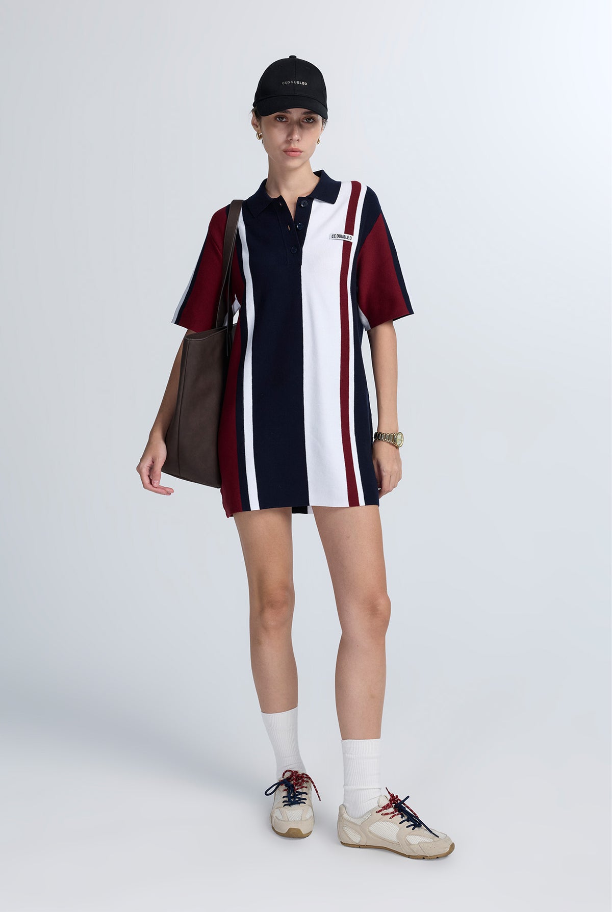 OVERSIZED MULTI-PIN STRIPED KNIT POLO DRESS