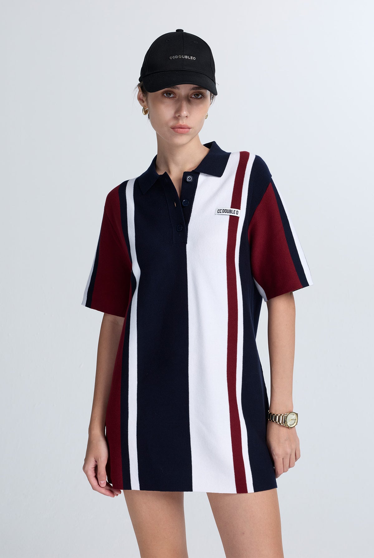 OVERSIZED MULTI-PIN STRIPED KNIT POLO DRESS
