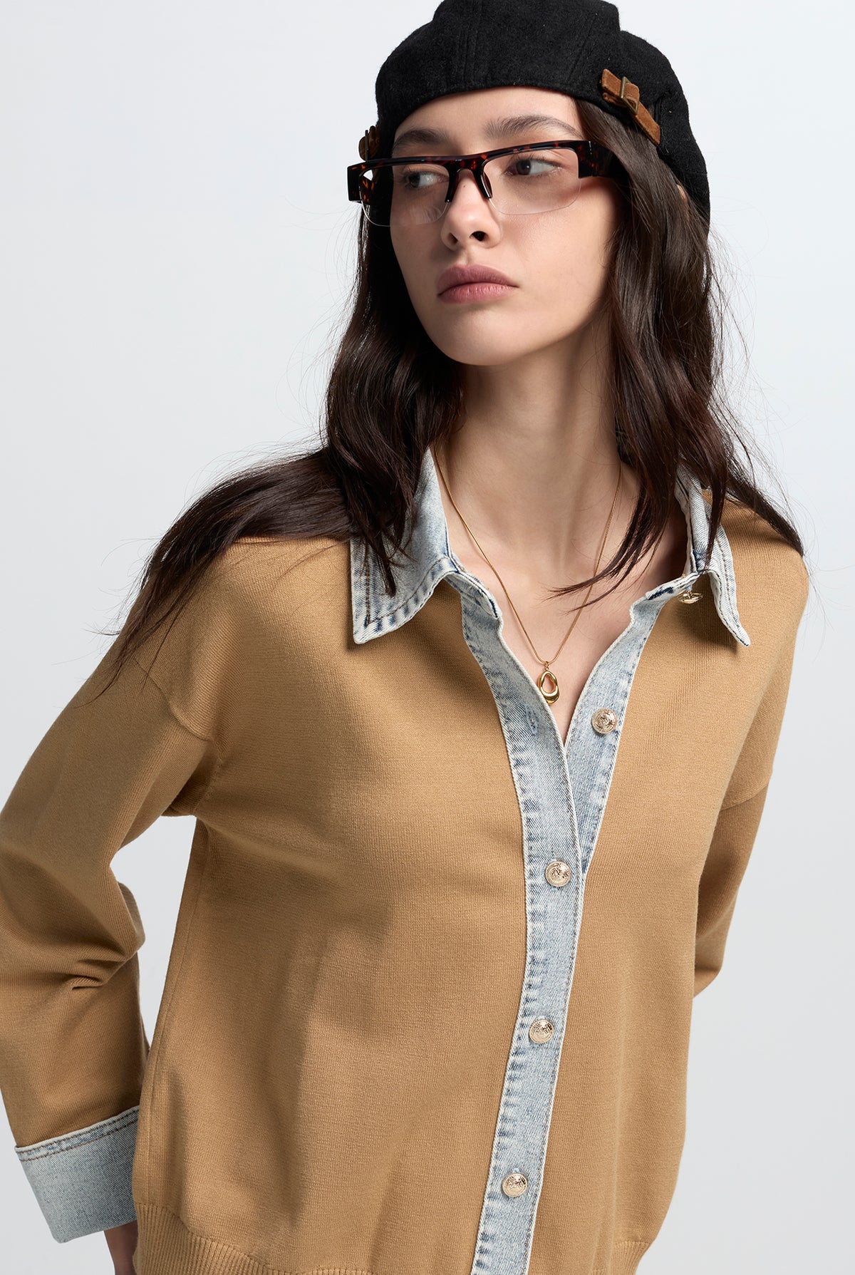 DENIM TRIM BUTTON KNIT CARDIGAN