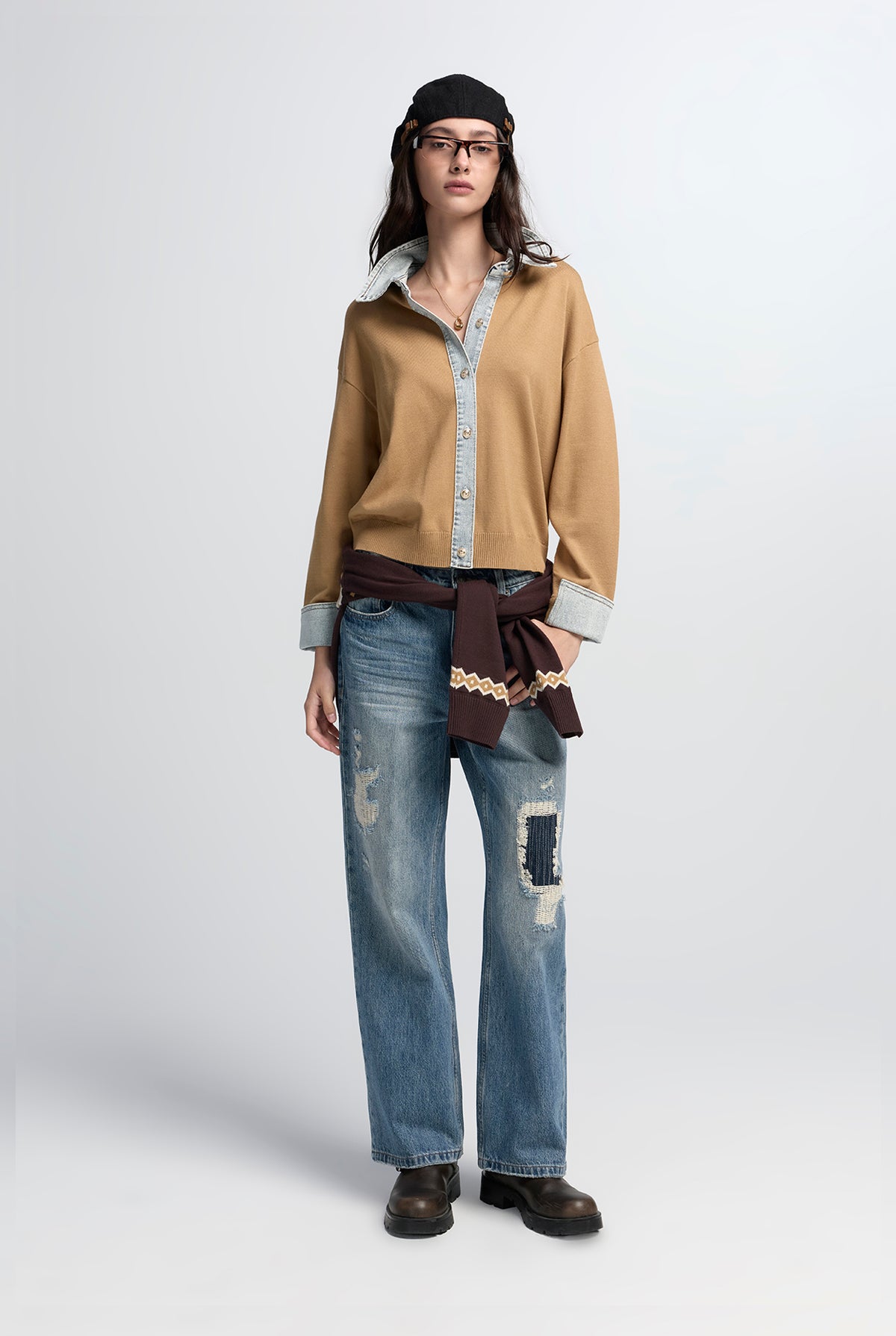 DENIM TRIM BUTTON KNIT CARDIGAN
